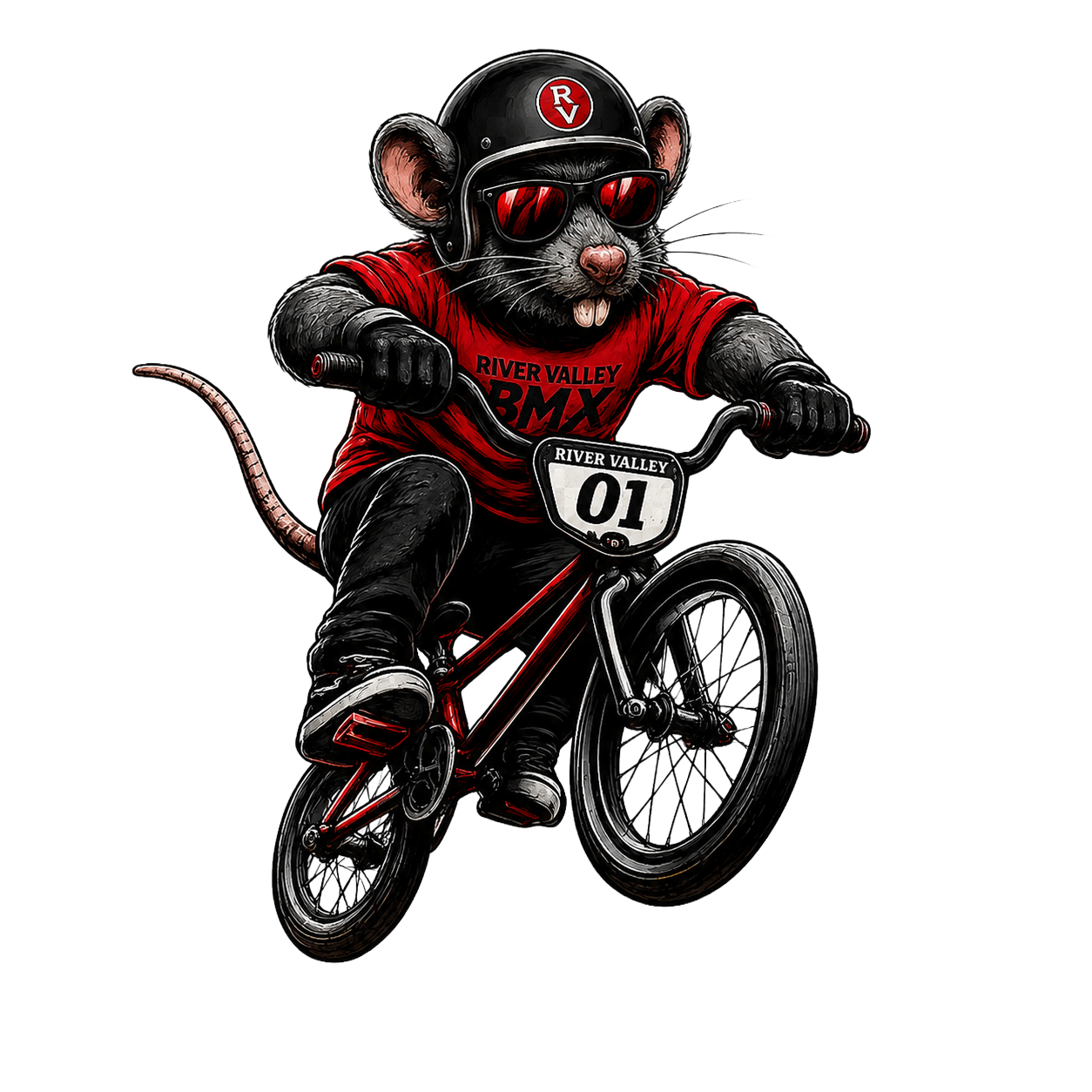 Ripper, the River Rat mascot, riding a BMX bike